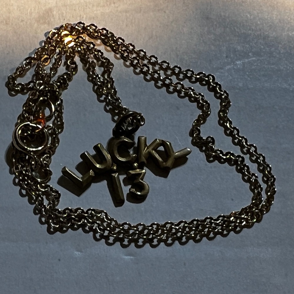 Lucky 13 Pendant Necklace Gold Tone Rockabilly Biker Edgy Accessory